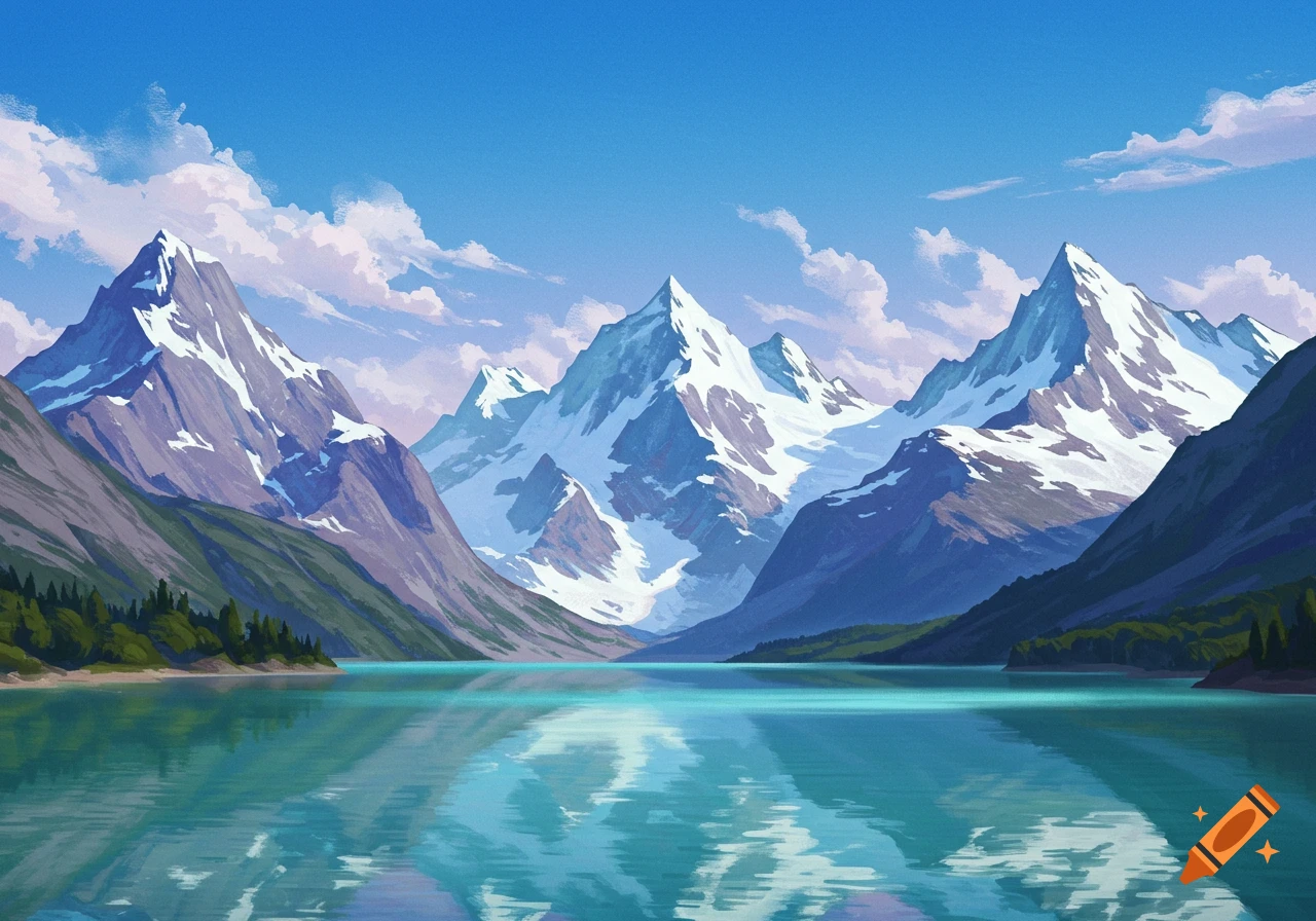 Illustrative landscape of snow-capped mountains reflecting in a blue lake under a cloudy sky.