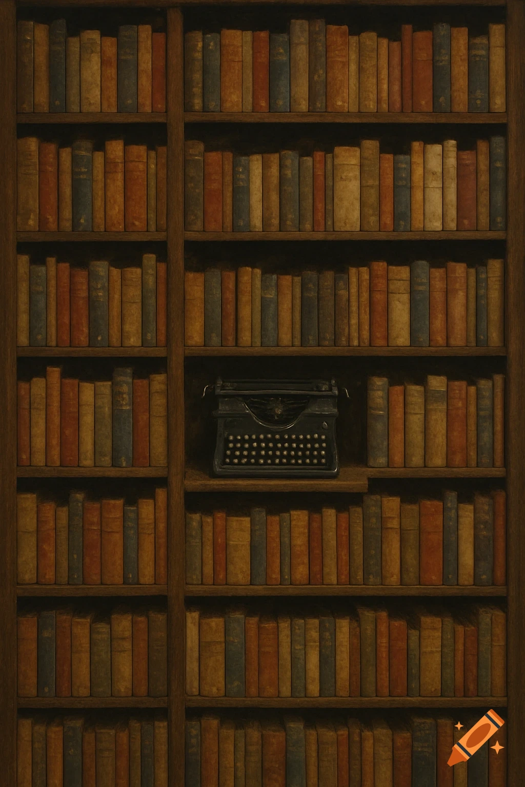 A dark wooden bookshelf filled with rows of old books, with a black typewriter on the third shelf.