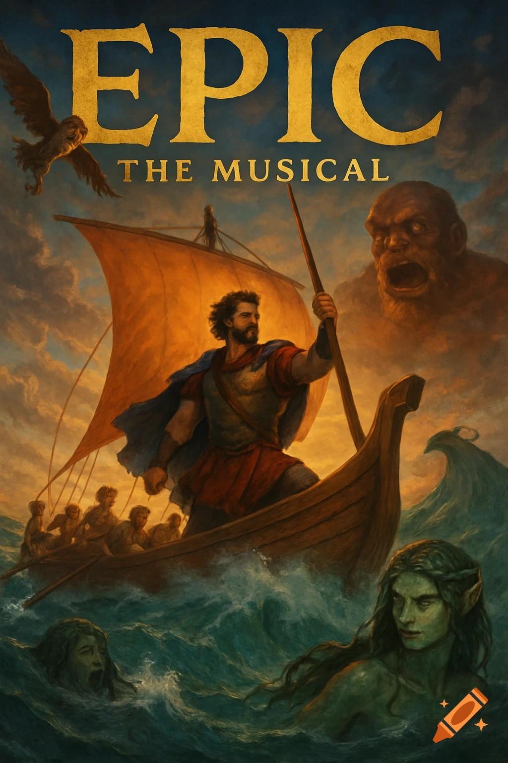 Illustrated poster for EPIC THE MUSICAL showing a heroic figure on a sailing boat facing a giant and sea creatures.