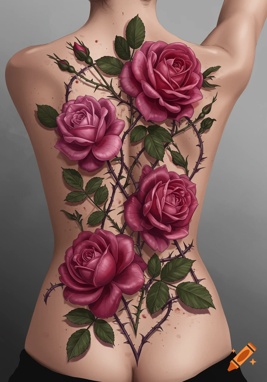 A large tattoo of pink roses and thorny vines on a person's back.