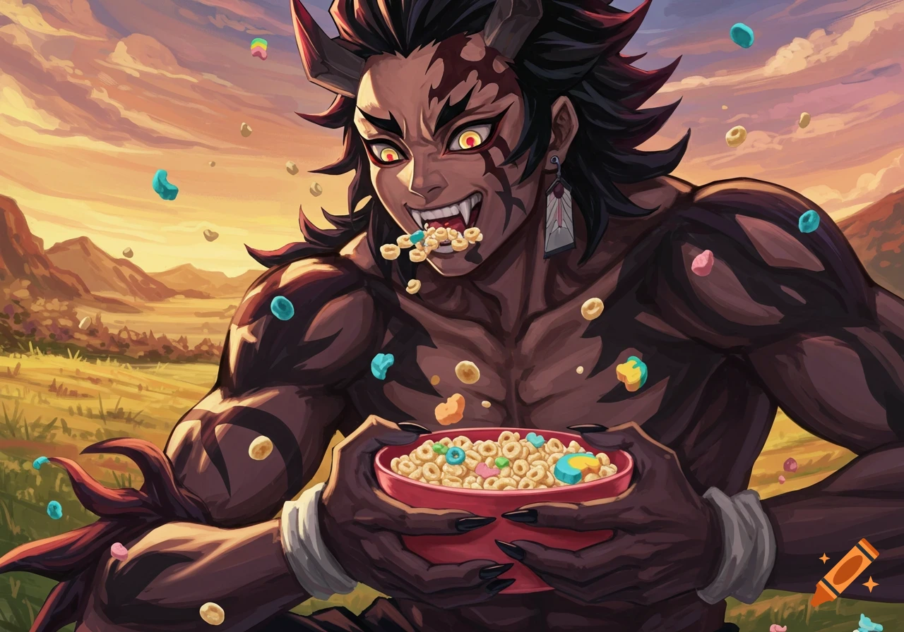 Anime character Zohakuten eating Lucky Charms cereal in a field.