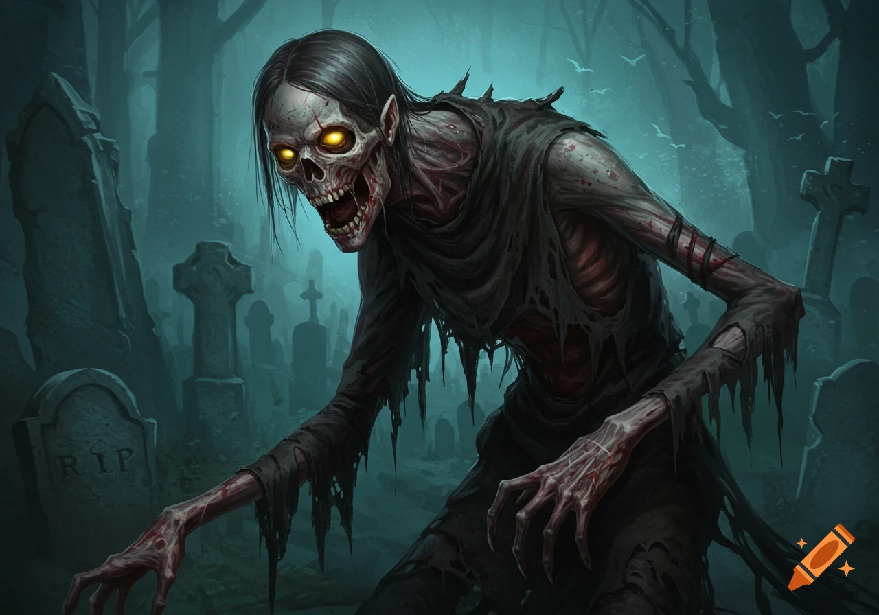 A skeletal zombie with glowing eyes stands in a graveyard.