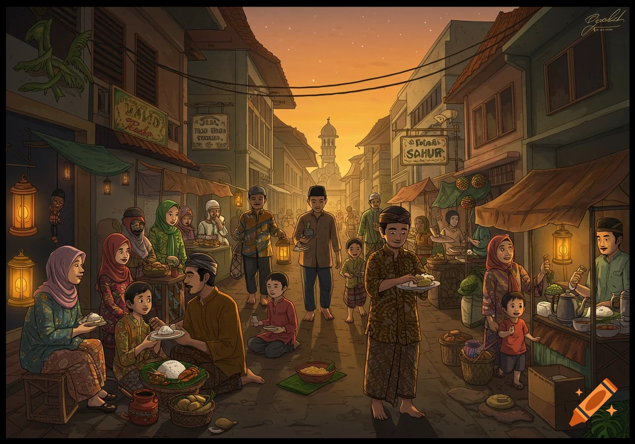 Illustrated street scene at dusk with people in traditional clothing preparing and eating food from market stalls, likely for Sahur during Ramadan.