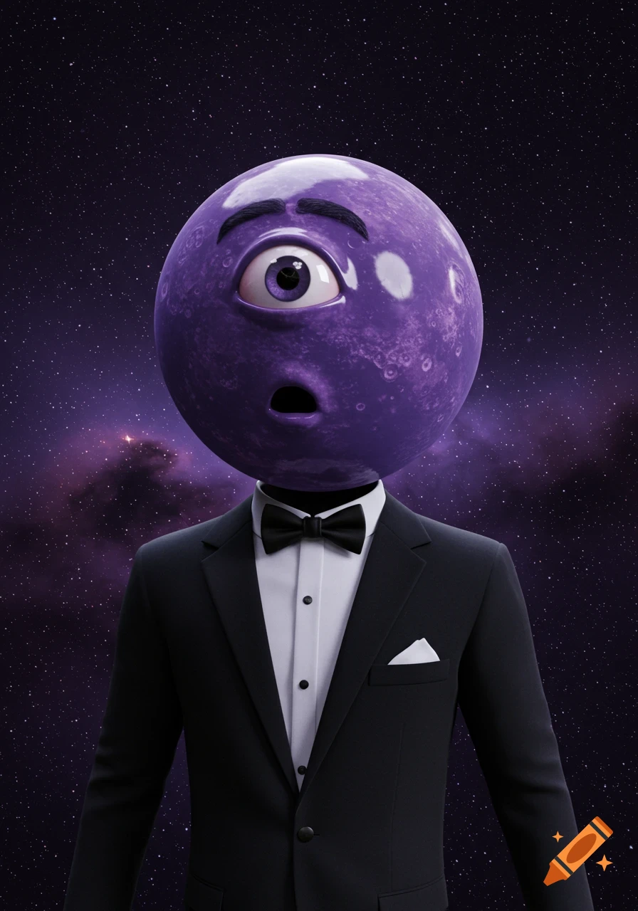 Surreal character with purple planet head in a tuxedo floats in space