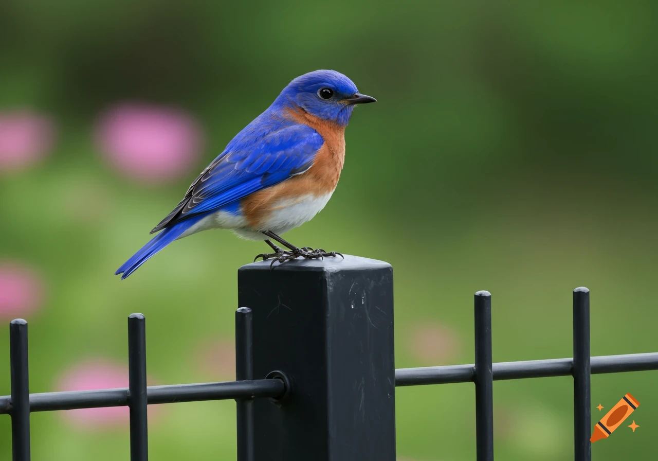 An eastern bluebird sits on a black metal fence post.