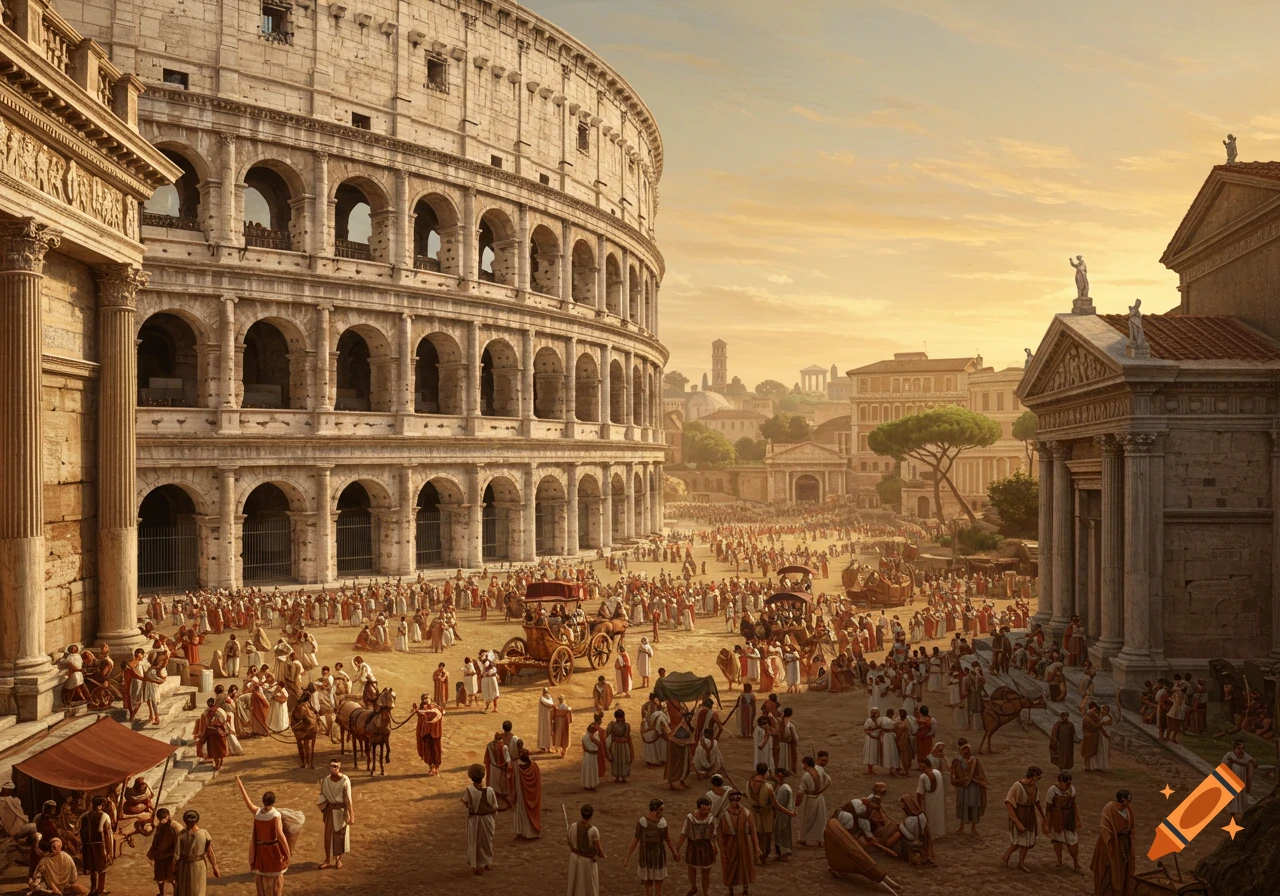 A detailed illustration of ancient Rome showing the Colosseum, a temple, and a busy square filled with a large crowd, carts, and horses.