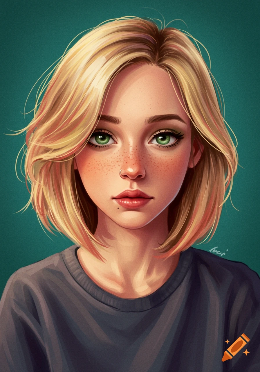 Digital art portrait of a young woman with blonde hair, green eyes, and ...