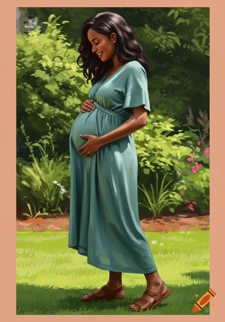 Illustration of a pregnant woman in a teal dress standing in a garden.