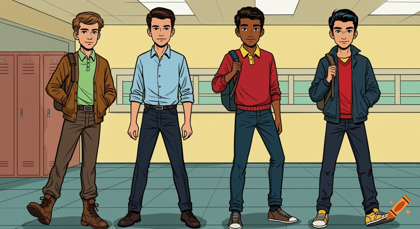 Four diverse teenage boys stand in a school hallway, styled as pop art/anime illustration