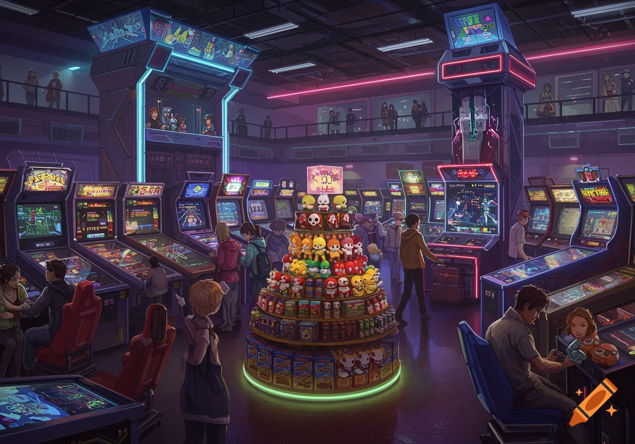 A crowded retro-futuristic arcade with rows of game machines, pinball, and a large prize counter displaying plush toys.