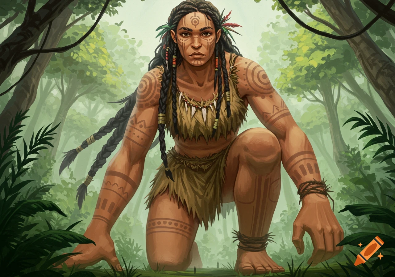 A giant woman with tribal markings kneels in a dense forest, illustration.