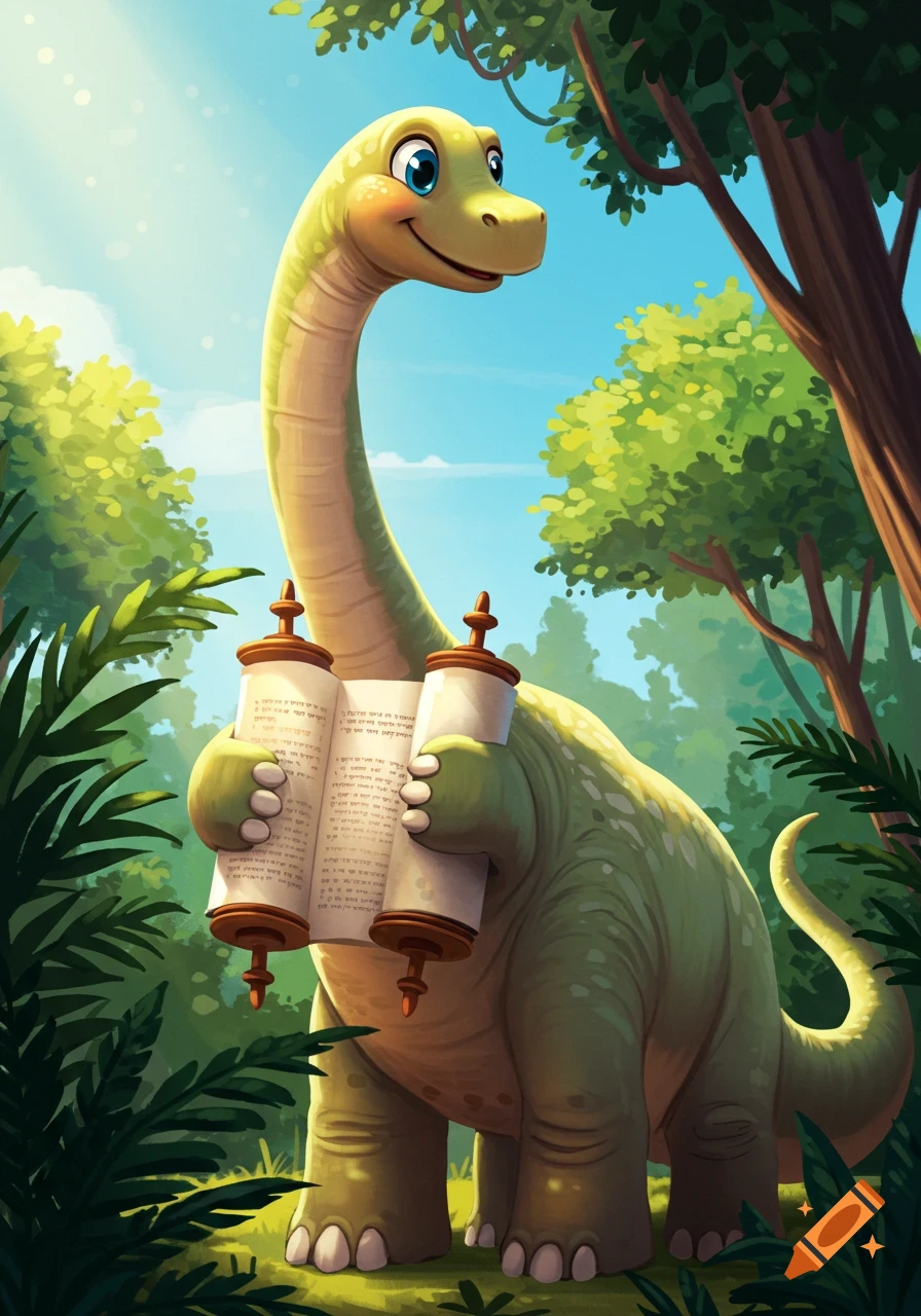 A cute cartoon dinosaur holds a Torah scroll in a sunny forest.