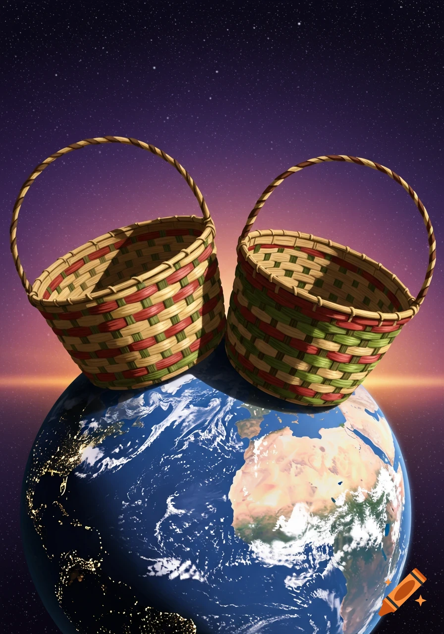 Two woven baskets sit on top of the Earth against a starry sky