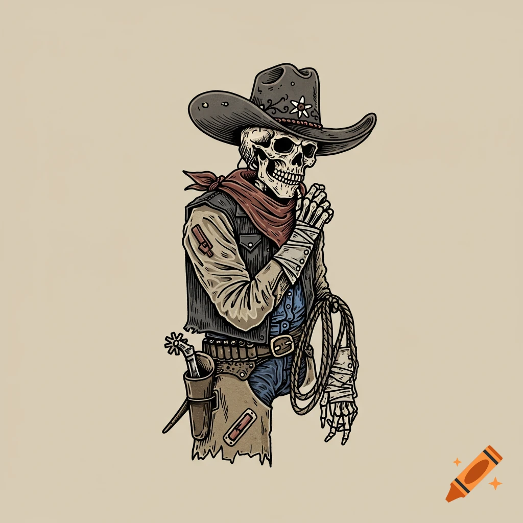 Illustration of a skeleton cowboy wearing a hat, bandanna, vest, and holding a lasso.