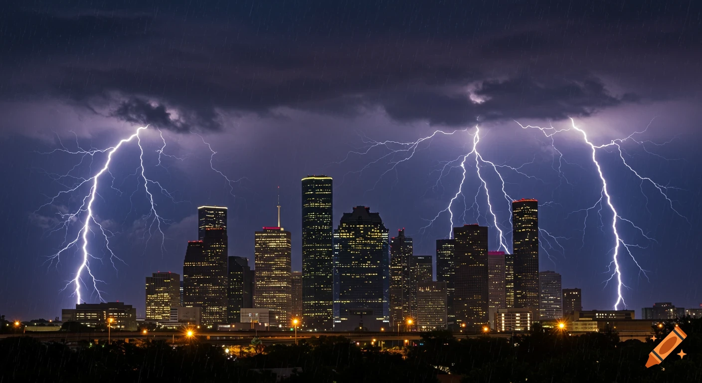 Lightning strikes illuminate the Houston skyline during a storm