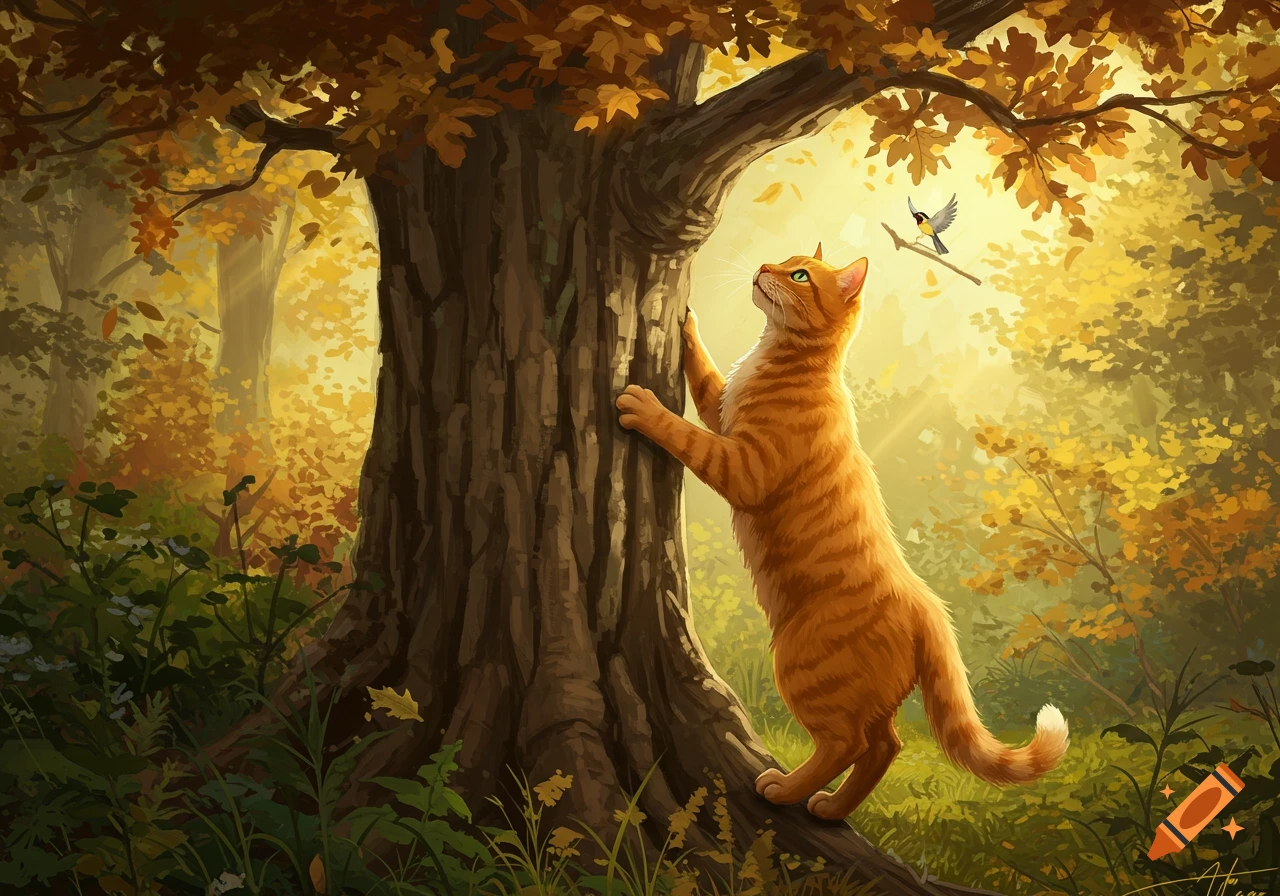 An orange tabby cat climbs a tree and looks at a small bird in an ...
