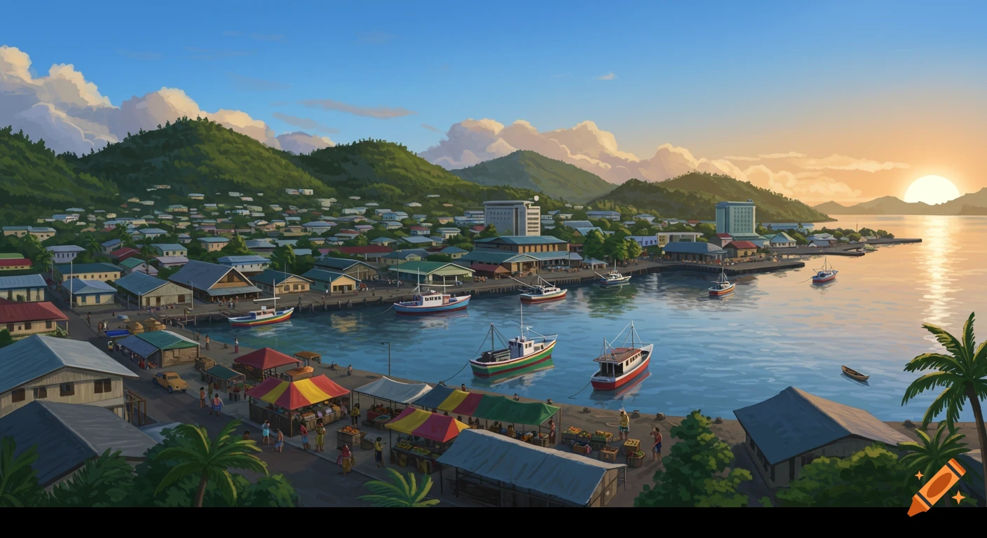 Panoramic illustration of a bustling tropical harbor town at sunset with boats, markets, and mountains.