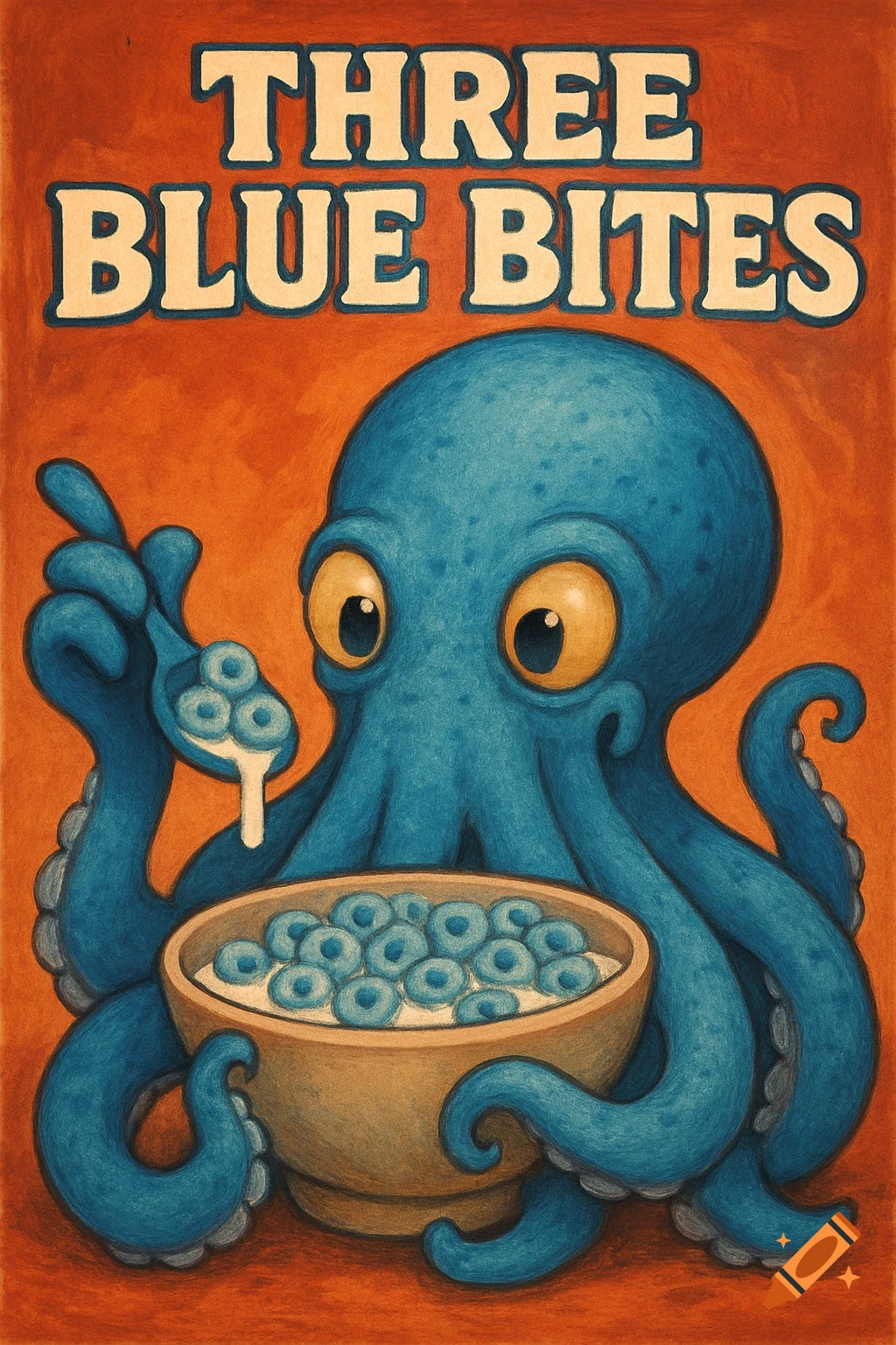 Illustration of a blue octopus eating cereal from a bowl, with the text 'THREE BLUE BITES' above it.