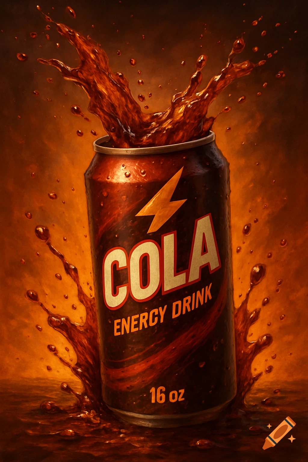 A splashing cola energy drink can with text and a lightning bolt.