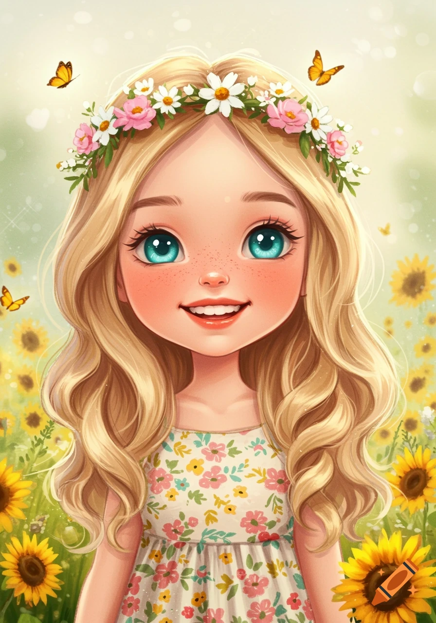 Cartoon illustration of a cute girl with a flower crown smiling in a field of sunflowers with butterflies