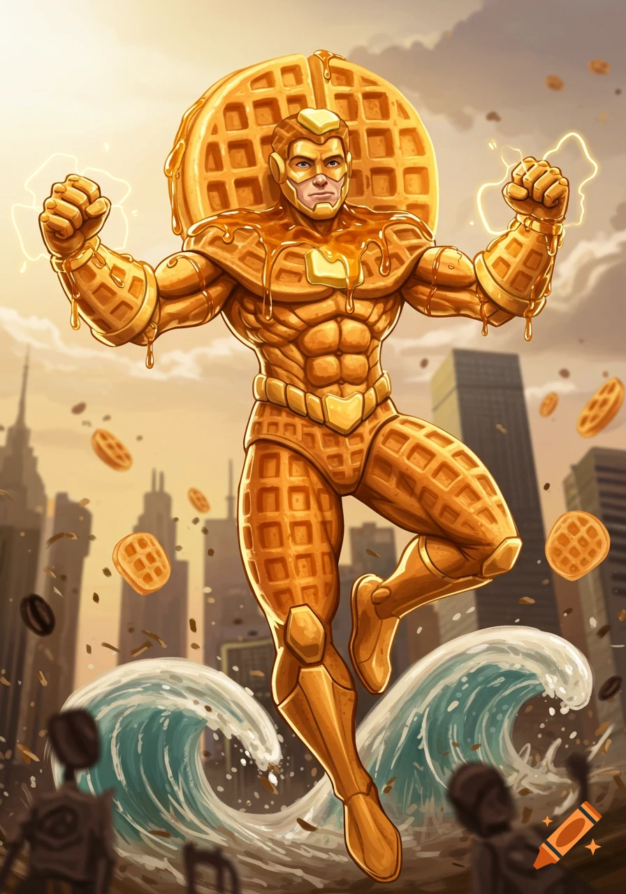 Digital painting of a waffle superhero flying over a cityscape with breakfast items.