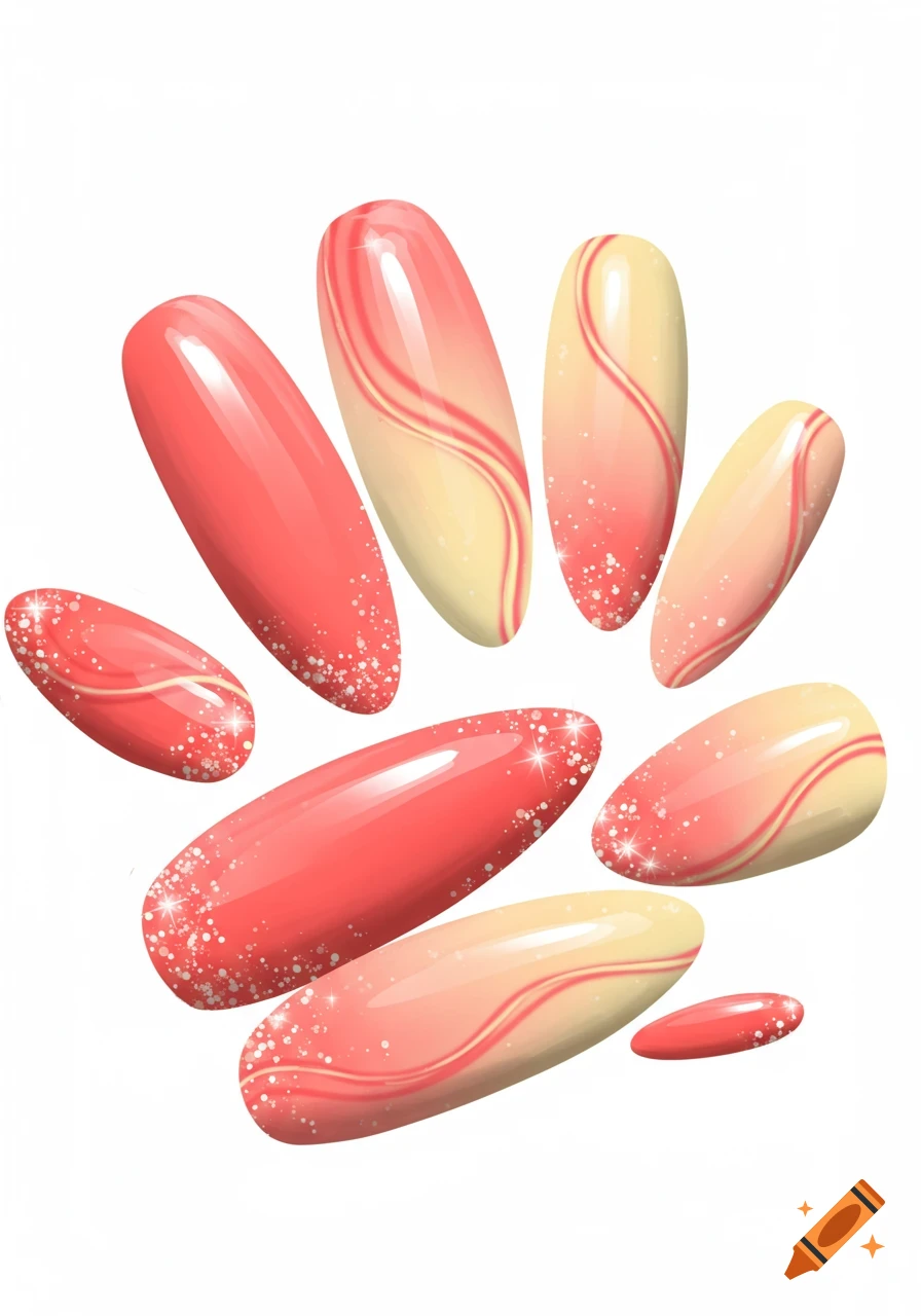 False almond nails with coral red and pale yellow aura design and glitter
