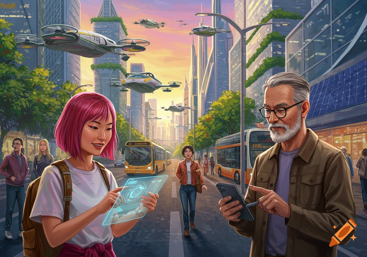 People use technology in a futuristic city street with flying vehicles and buses at sunset.