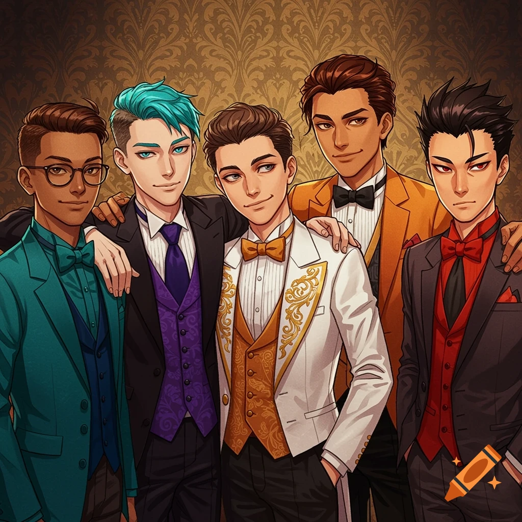 Five stylish young men in colorful tuxedos stand together in an anime style.
