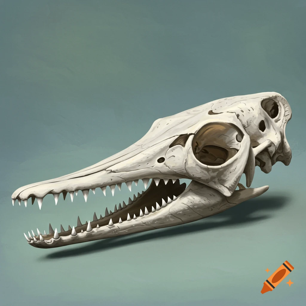 A digital illustration of a longnose gar skull.