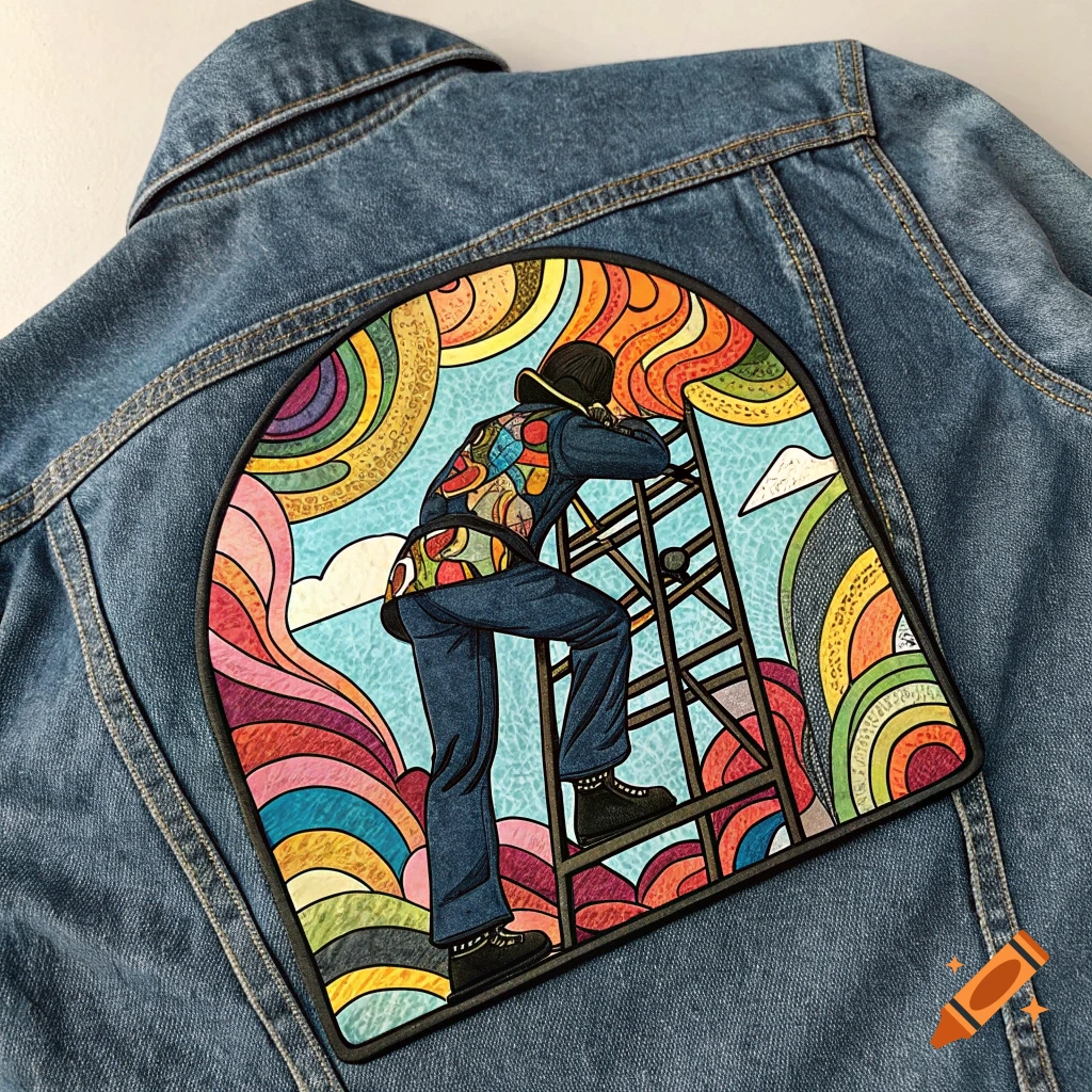 Psychedelic illustration patch on a denim jacket shows a person climbing a ladder against a colorful swirling background.