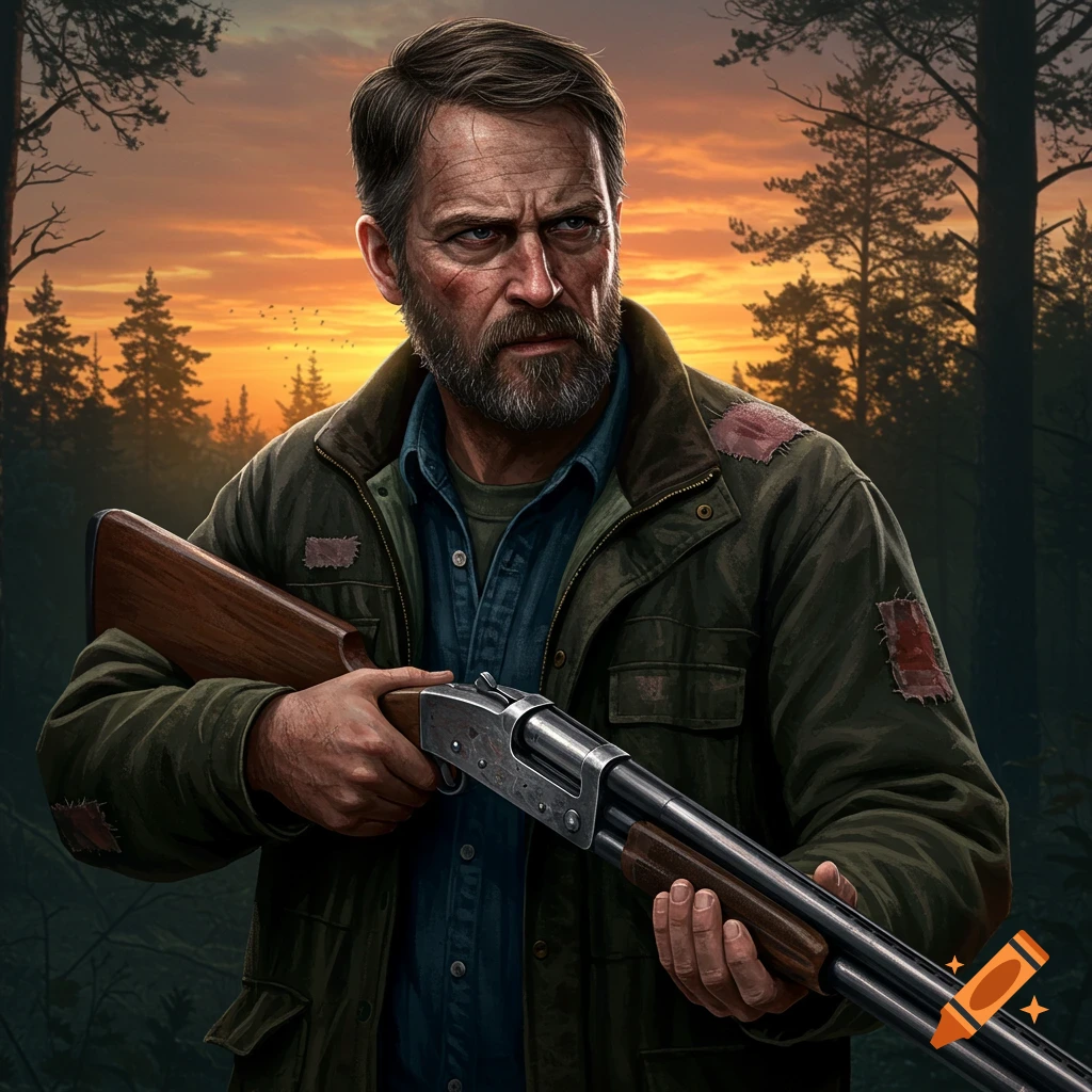 A bearded man holds a shotgun in a forest at sunset, digital painting style.