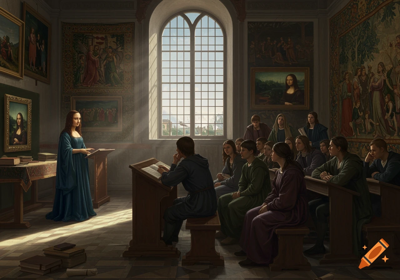 A woman resembling the Mona Lisa teaches a class of students in a sunlit room filled with paintings and tapestries.