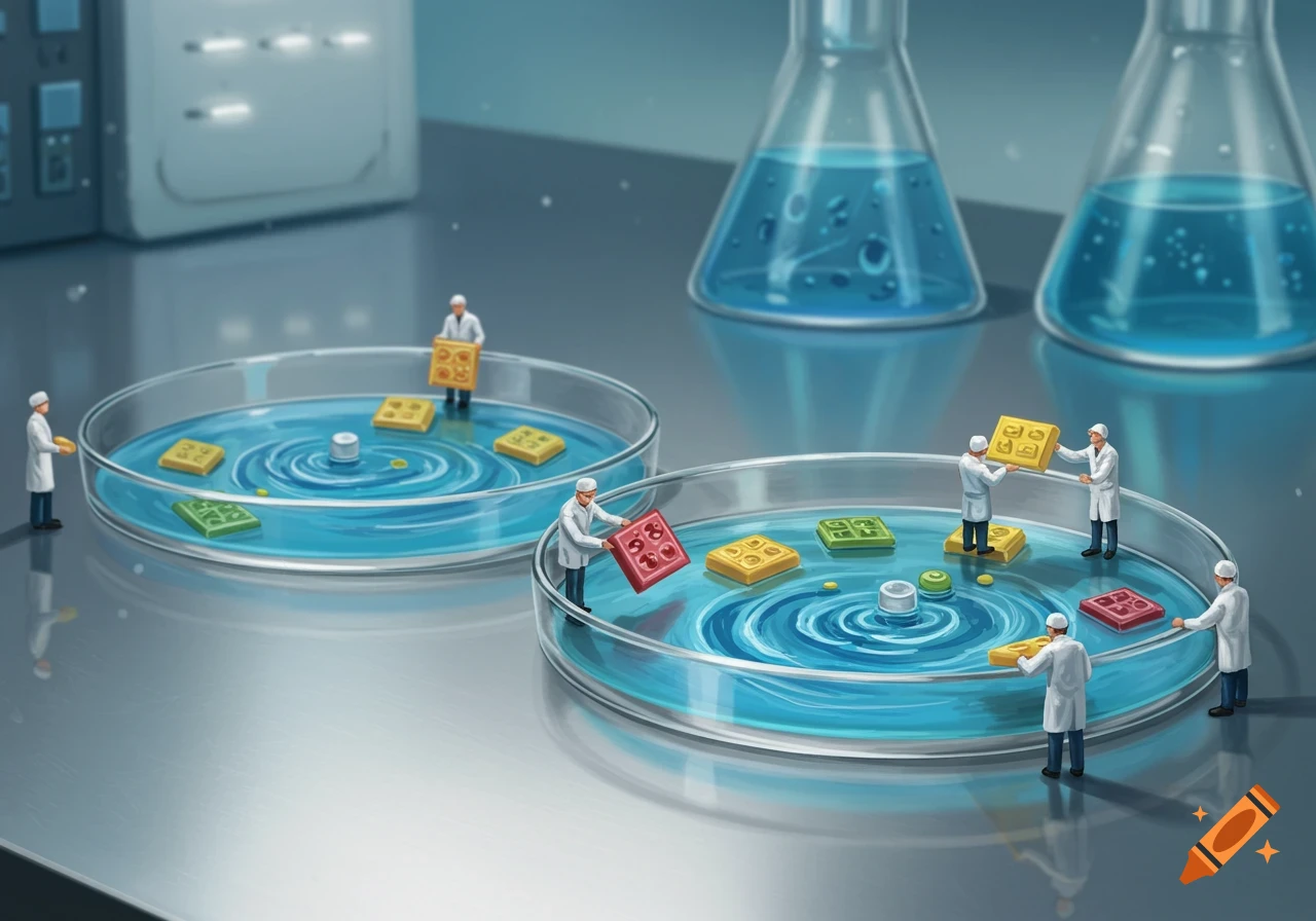 Tiny scientists in a lab moving colored blocks in large petri dishes filled with blue liquid.