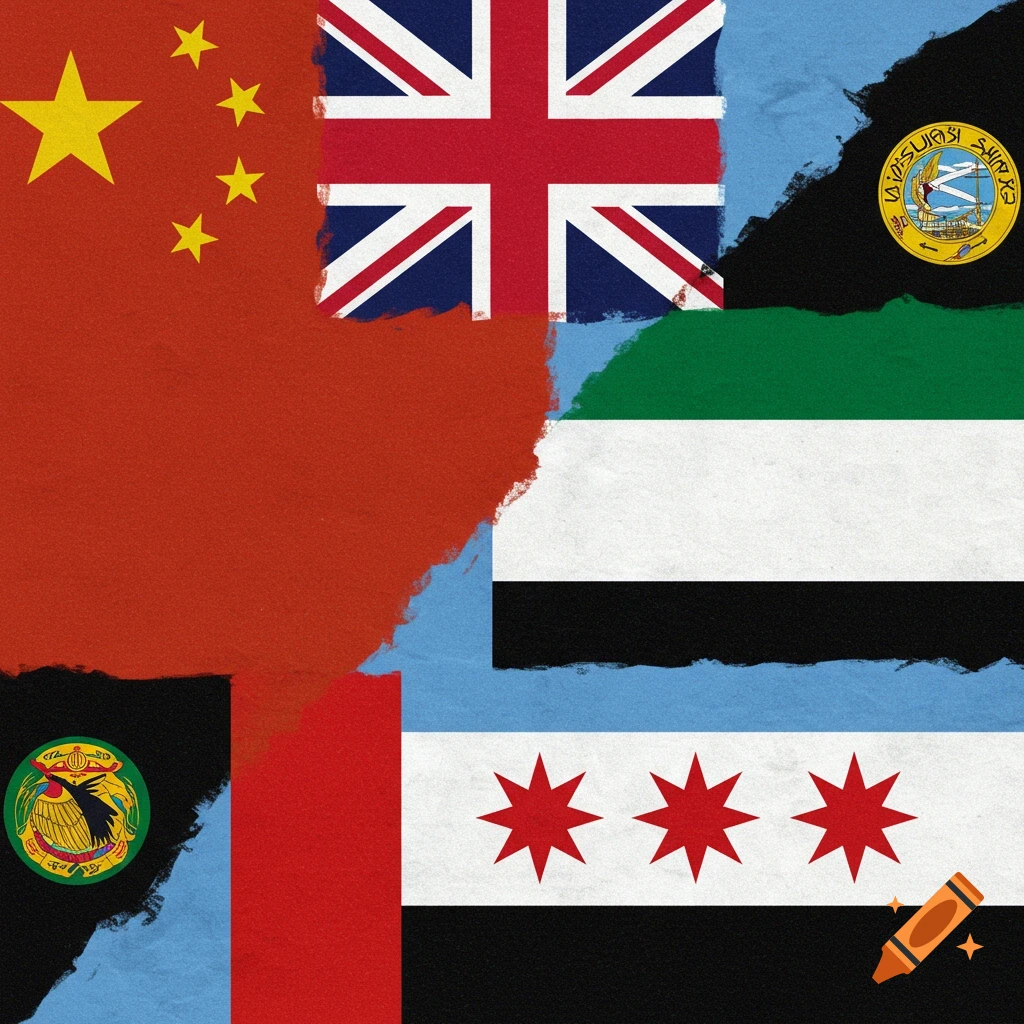 A merge of the flags of China, the United Kingdom, the UAE, and Chicago, with a textured brushstroke style.