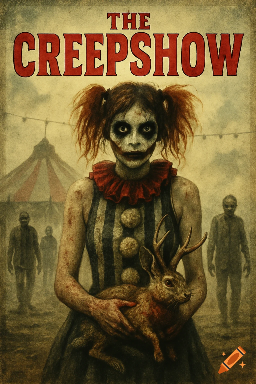 A horror movie poster features a creepy clown girl holding a dead jackalope, with zombies in the background and the title "THE CREEPSHOW" at the top.