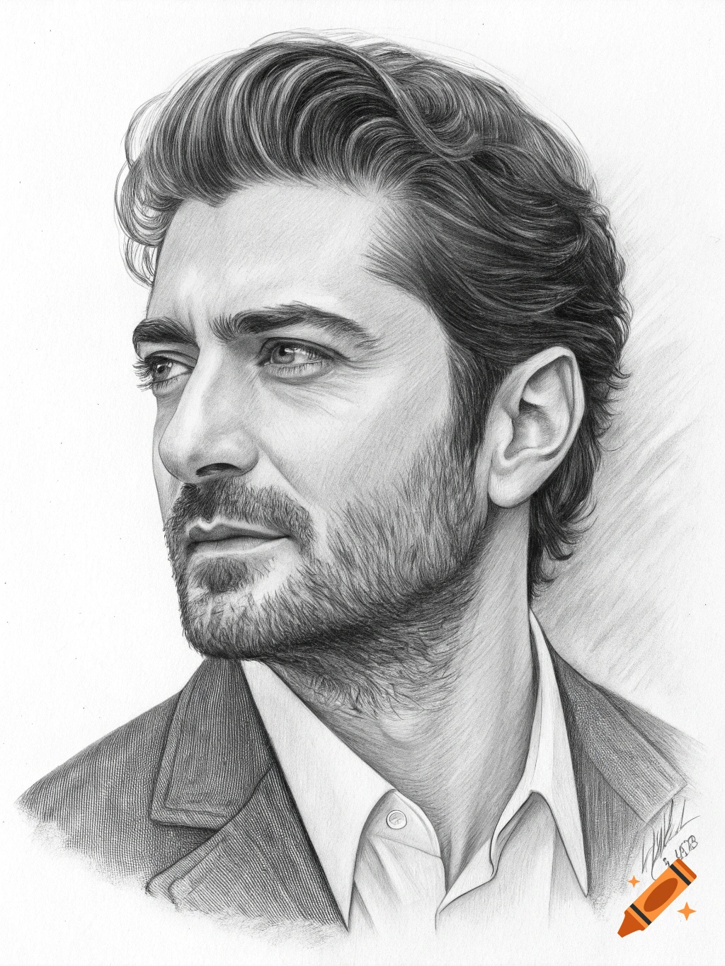 A detailed realistic pencil drawing portrait of a man looking left, wearing a suit jacket and white shirt.
