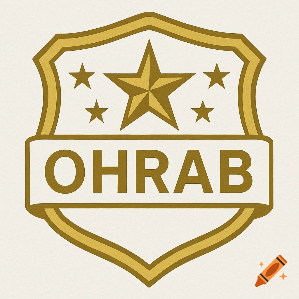 Gold and white badge with a star and the text OHRAB