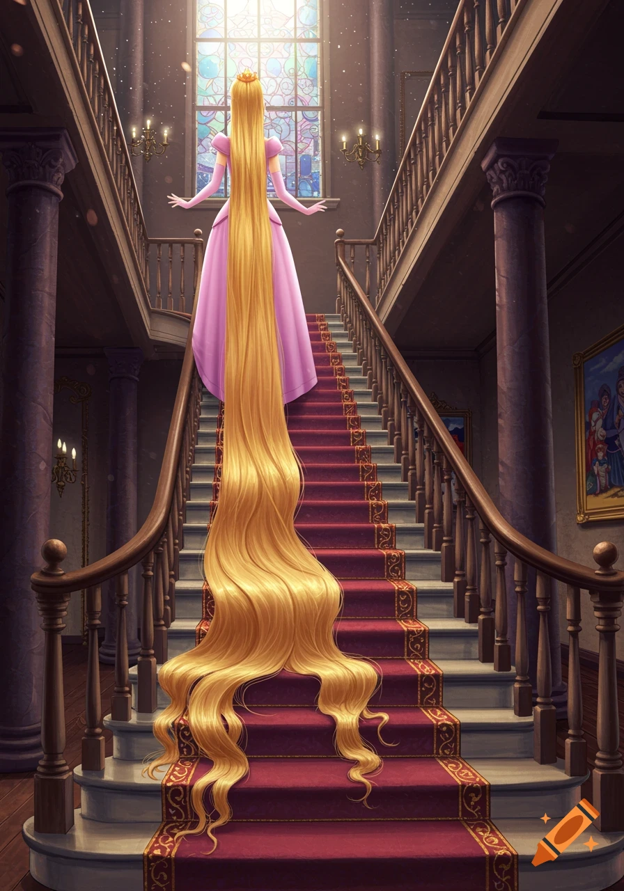 Princess with very long hair standing on a grand staircase, seen from the back