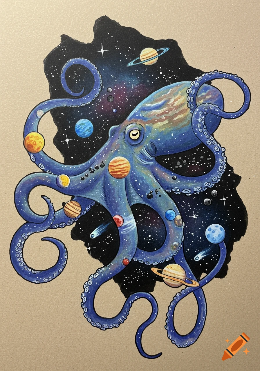 An illustration of a blue octopus with planets in space on a tan background