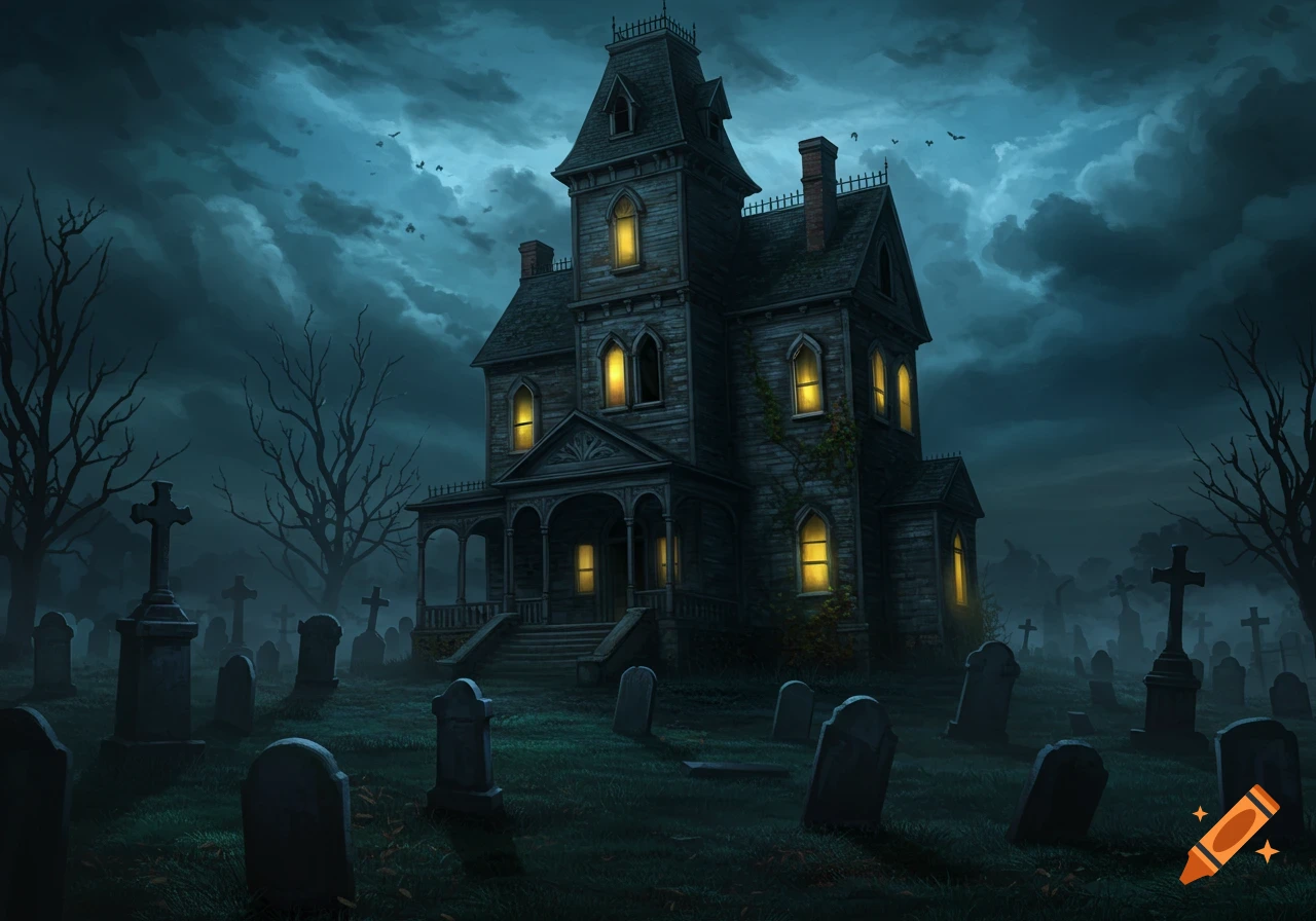 A creepy haunted house stands among gravestones in a cemetery under a dark, cloudy night sky.