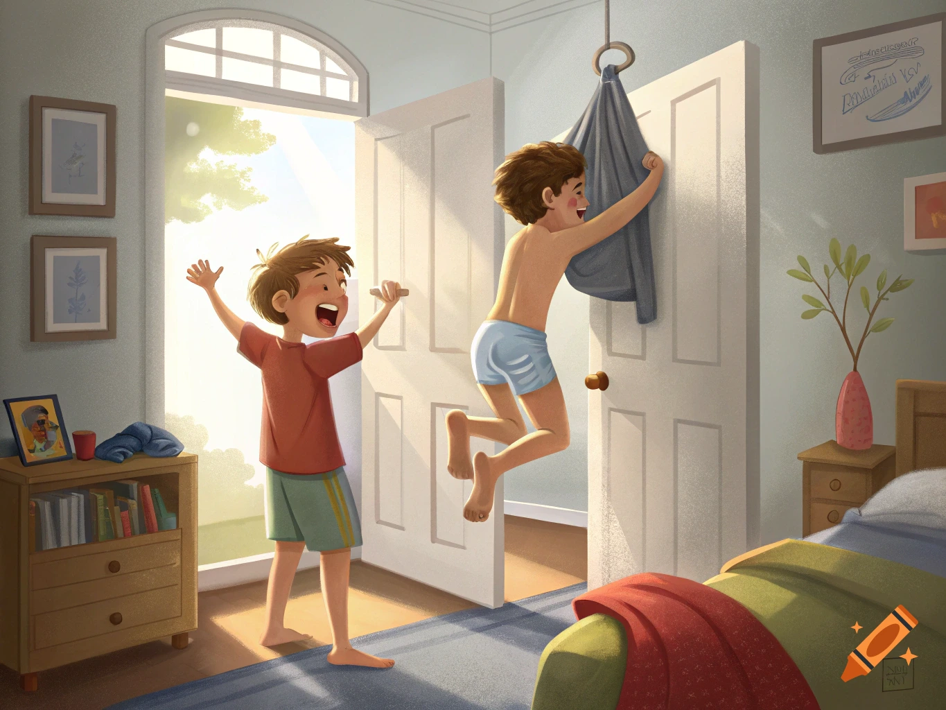 An illustration of two boys playing in a bedroom, one hanging from a door hook while the other laughs.