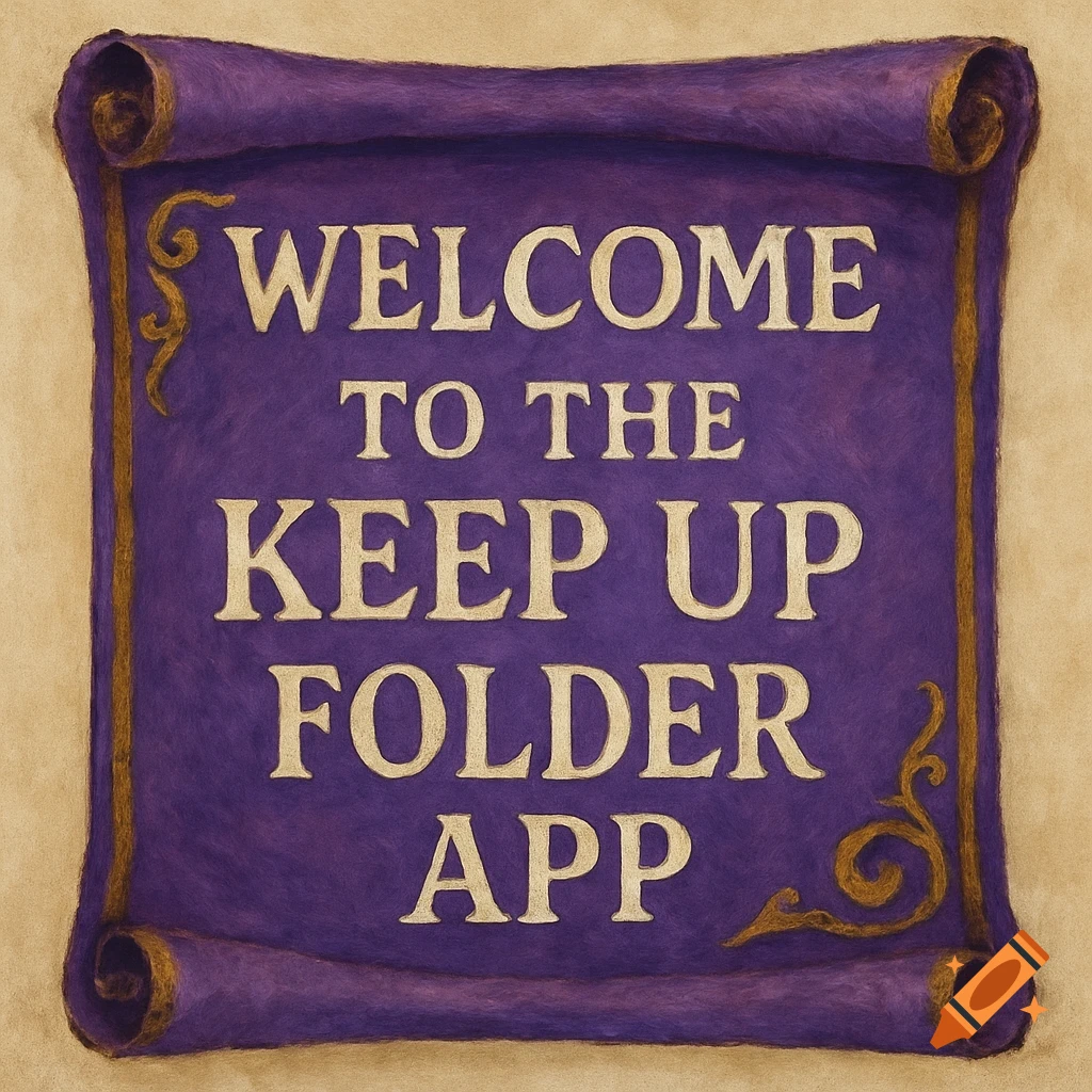 A purple scroll banner with gold edges displays the text "Welcome To The Keep Up Folder App".