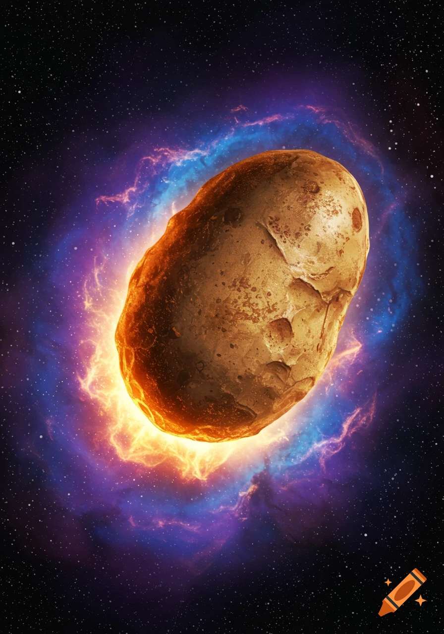 A potato-shaped meteorite glows with orange energy in deep space surrounded by a purple and blue nebula.