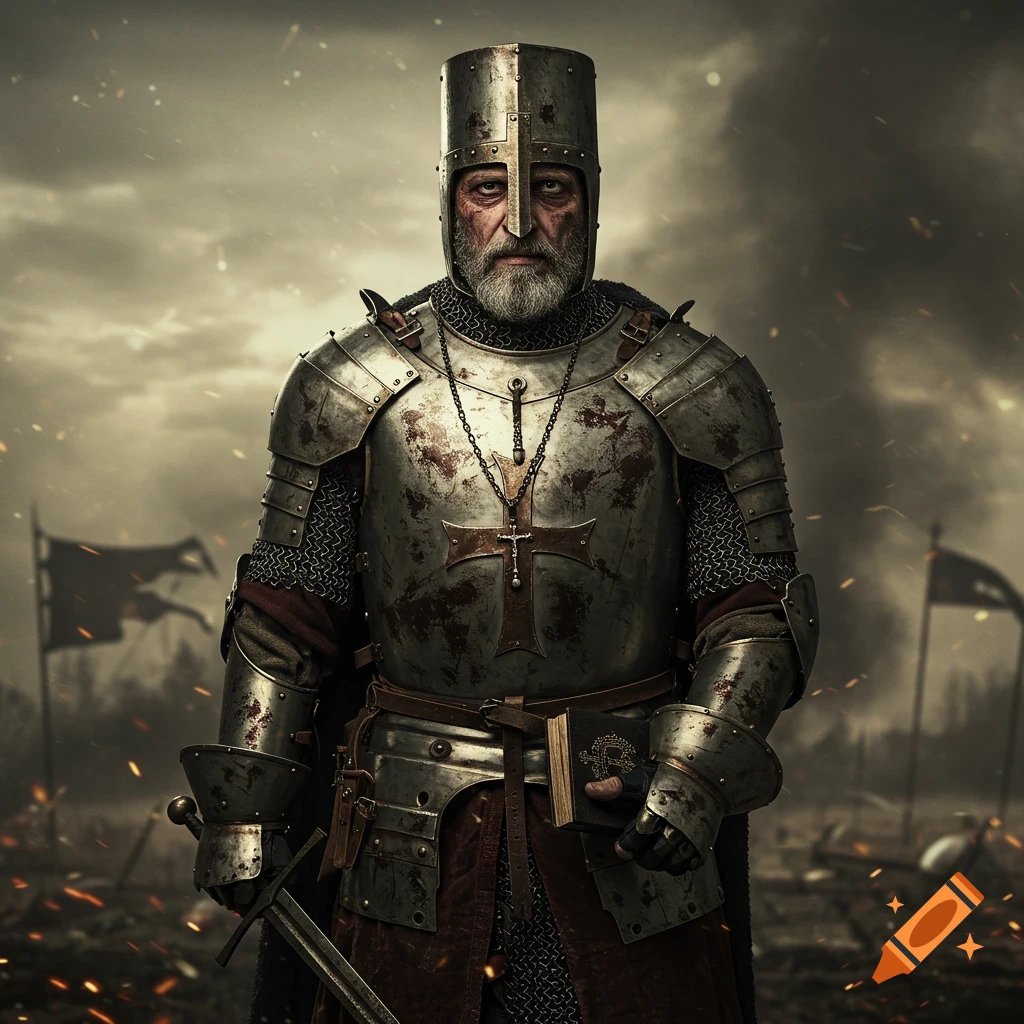 A weathered knight in full plate armor stands on a battlefield, holding a sword and a book, looking directly ahead.