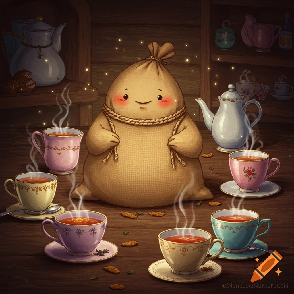 A cute sack character with rosy cheeks sits surrounded by steaming teacups and teapots on a wooden table.