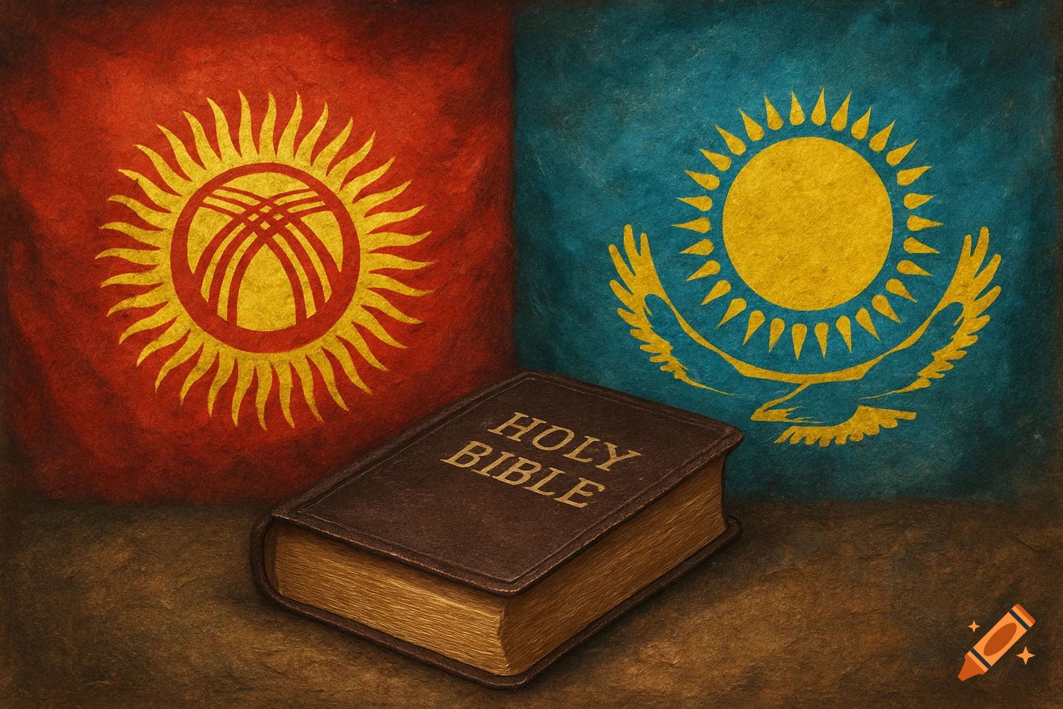 A textured image shows the flags of Kyrgyzstan and Kazakhstan behind a brown book labeled 'HOLY BIBLE' on a table.