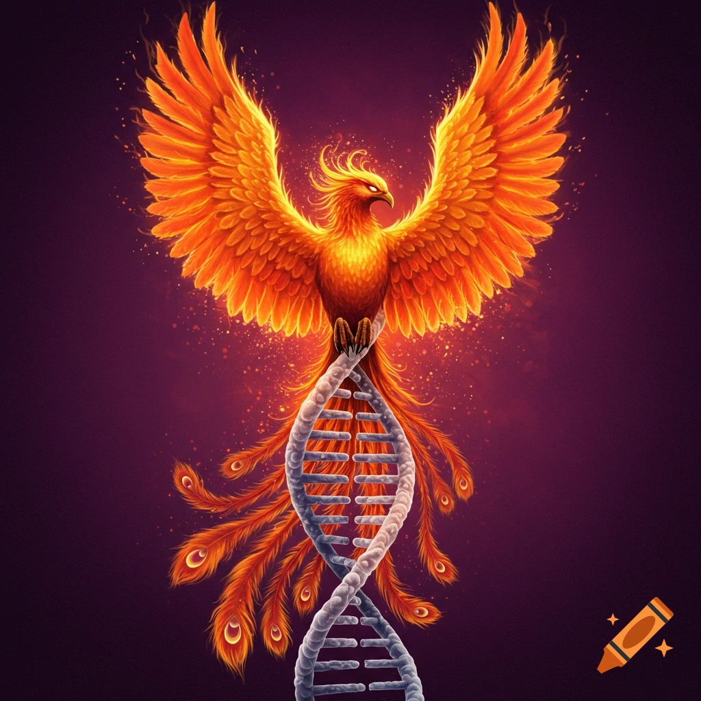 A fiery phoenix rises from a DNA double helix.