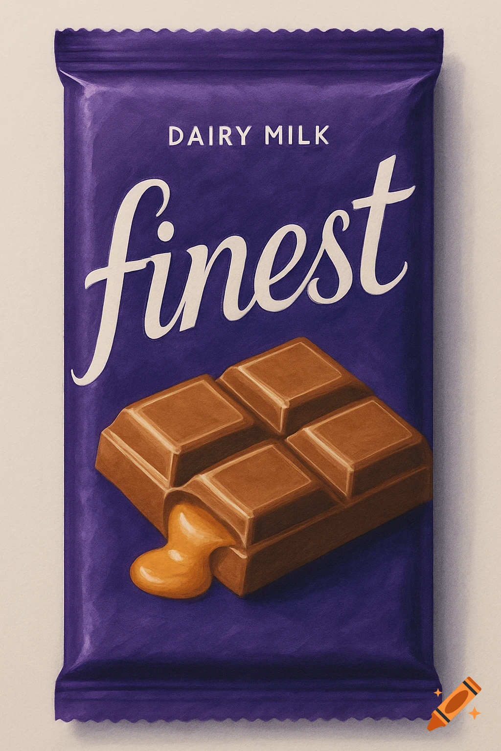 Illustration of a purple Dairy Milk Finest chocolate bar with melting caramel.