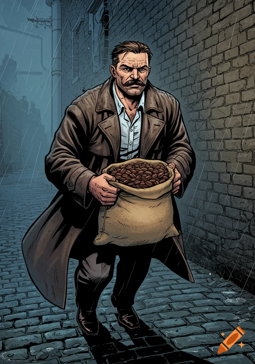 A man in a trench coat holds a sack of coffee beans in the rain, in a comic book style.