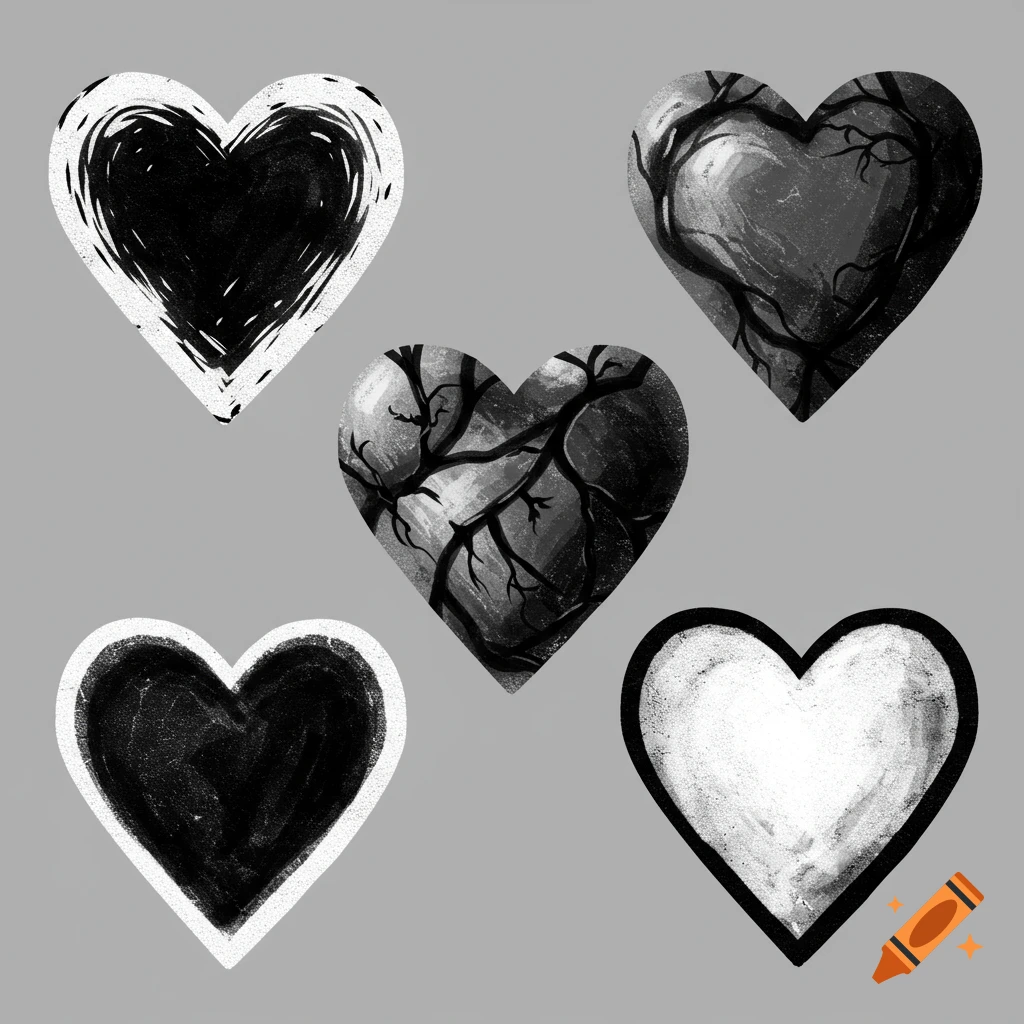 Five stylized black and white hearts.